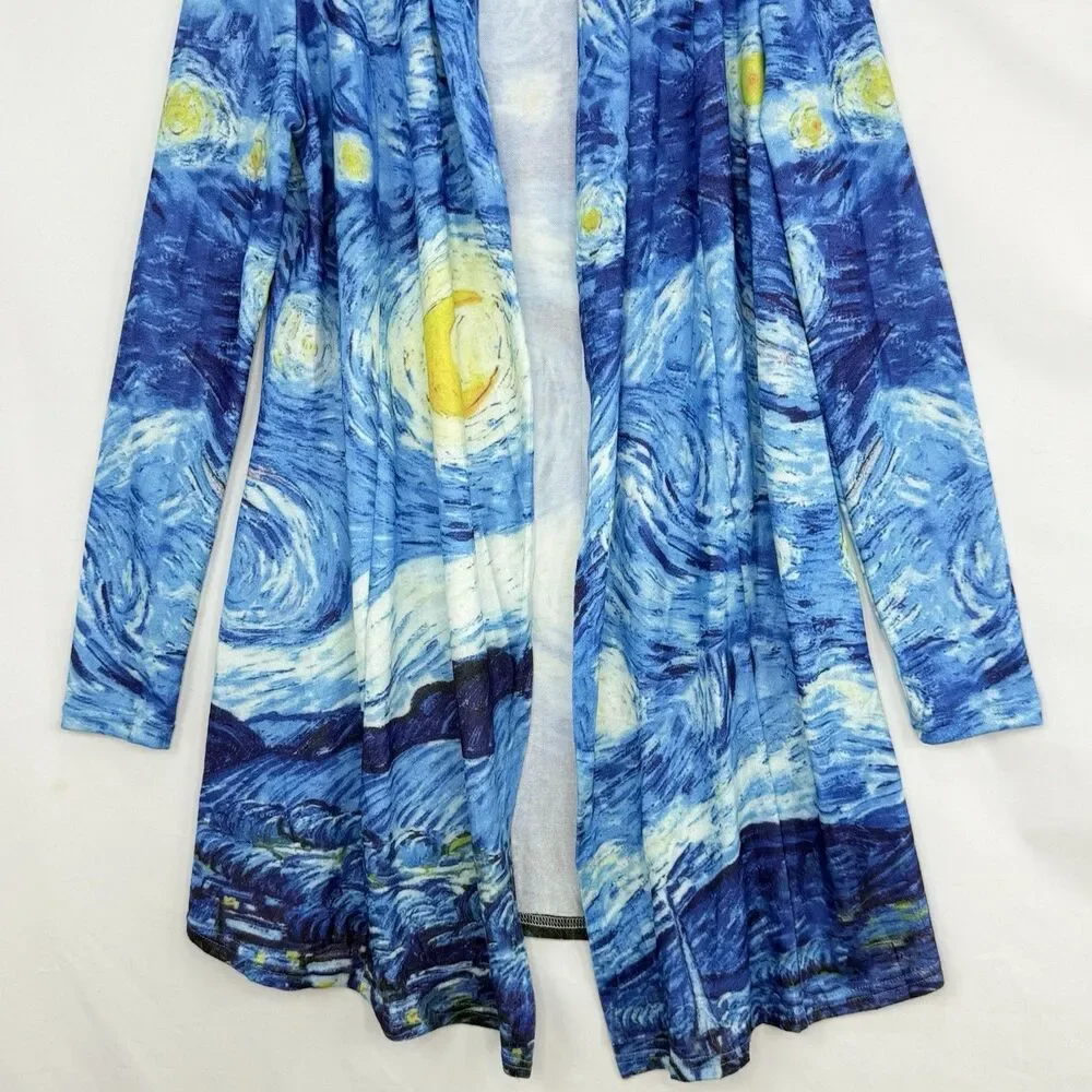Starry Night Print Open Front Cardigan Women Size M Blue Art Knit
